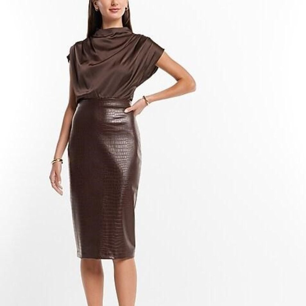 Faux Leather Cap Sleeve Draped Neck Sheath Dress